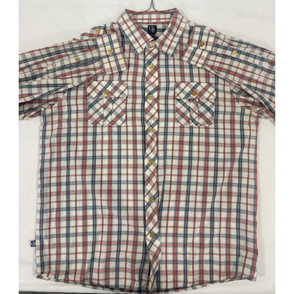 Cavi Mens‎ XL Plaid Button Down Shirt Red Blue White Epaulettes Gold Buttons